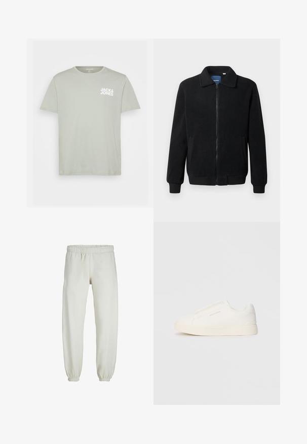 Svart fleecjacka med dragkedja, ståkrage, ribbade muddar och sidofickor med texturerad yta.; Kortärmad, ljusgrön bomulls t-shirt med rundringning och vit "JACK & JONES" logotyp tryckt på vänstra bröstområdet.; Vita sweatpants gjorda av mjukt tyg, med elastisk midja och muddar, samt en slät textur och lös passform.; Vita slip-on sneakers med en texturerad yta, en tjock sula och minimalistisk design. Har varumärkeslogotypen på sidan.