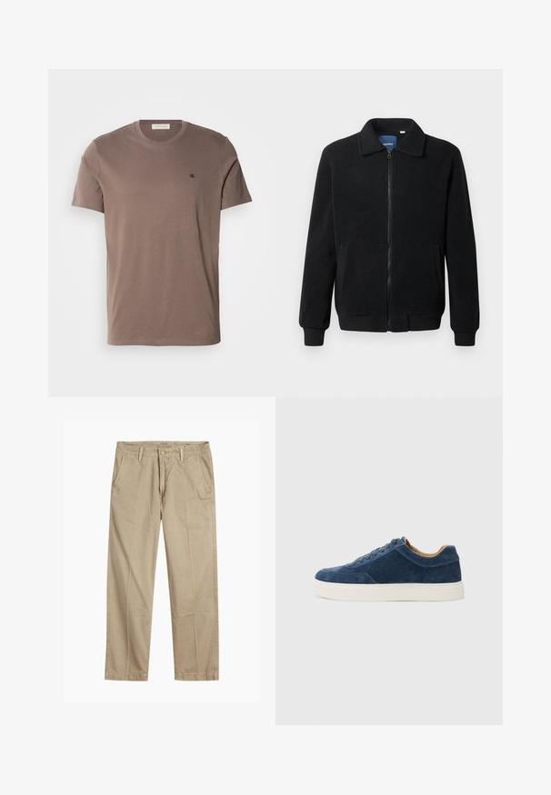 Musternahk fleece-jakk musternahaga, tõmblukk, seisev kaelus, soonikkoes varrukad ja küljetaskud tekstuurse pinnaga.; Pruun puuvillane t-särk ringkaelusega, lühikeste varrukatega ning väikese musta logoga vasakul rinnal. Sile tekstuur ja ühtlane värv.; Beeži sirged säärte chinos-püksid, millel on vööloopide, esipainutatud nupud ja tõmblukk ning kaldega esikotid.; Sinine sametist tennis, millel on valge kummist tall, nööbid, ümar varvas ja kontrastne pruuni siseosa. Peened õmblusdetailid.