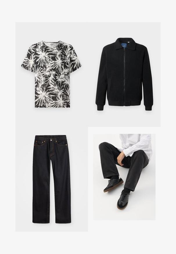 Fekete bolyhos dzseki cipzárral, állógallérral, bordázott mandzsettákkal és oldalzsebekkel, textúrált felülettel.; Fekete póló, fehér absztrakt pálmalevél mintával, rövid ujjú és kerek nyakkivágású, könnyű pamut anyagból készült.; Férfi egyenes szabású fekete farmernadrág öt zsebbel és narancssárga varrással, gombos és cipzáros záródással elöl.; Fekete tornacipők sima és texturált felsőrészel, gumitalppal és sötét cipőfűzőkkel. Fekete farmernadrággal és fehér csíkos inggel párosítva.
