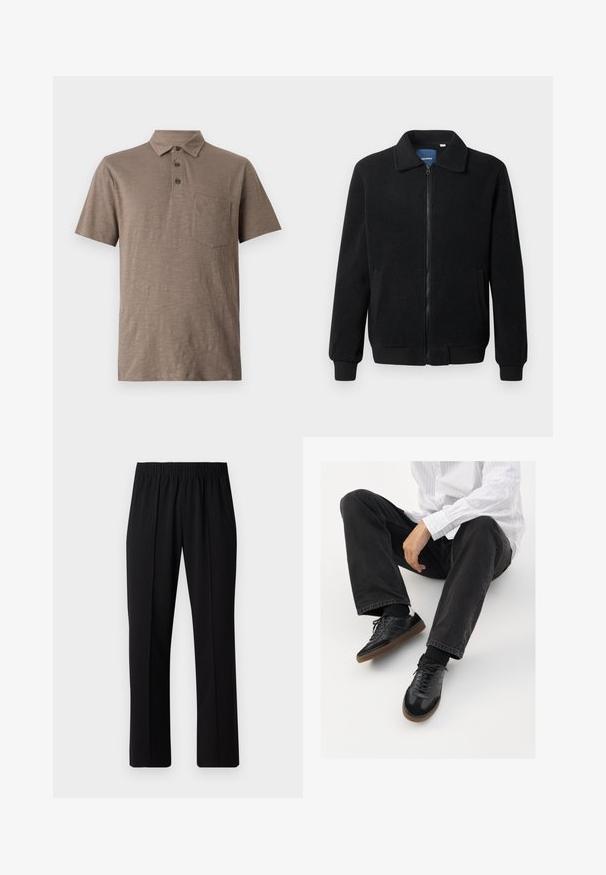 Fekete bolyhos dzseki cipzárral, állógallérral, bordázott mandzsettákkal és oldalzsebekkel, textúrált felülettel.; Rövid ujjú pólóing világosbarna színben, puha anyagból készült. Galléros nyakkal, három gombbal és egy mellzsebbel rendelkezik.; Fekete, gumíros derekú nadrág egyenes szabással, sima felülettel, látható minták vagy fémrészek nélkül.; Fekete tornacipők sima és texturált felsőrészel, gumitalppal és sötét cipőfűzőkkel. Fekete farmernadrággal és fehér csíkos inggel párosítva.