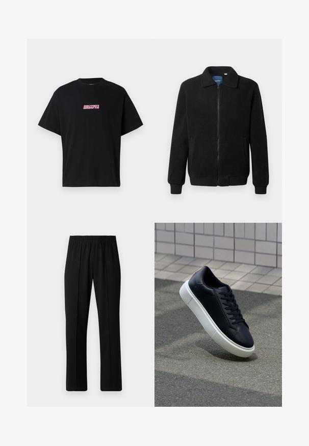 Černá fleecová bunda s zipovým uzávěrem, stojáčkem, vroubkovanými manžetami a bočními kapsami s texturovaným povrchem.; Černé bavlněné tričko s krátkým rukávem. Na přední straně je umístěn růžový grafický nápis "Pěstujte růst" uprostřed. Jednoduchý design, volný střih.; Černé kalhoty s elastickým pasem a rovnými nohavicemi, s hladkým povrchem a bez viditelných vzorů nebo kovových doplňků.; Černé kožené tenisky s kulatou špičkou a bílou gumovou podrážkou. mají ploché tkaničky a minimální šití na svršku. Texturovaná podrážka pro lepší přilnavost.