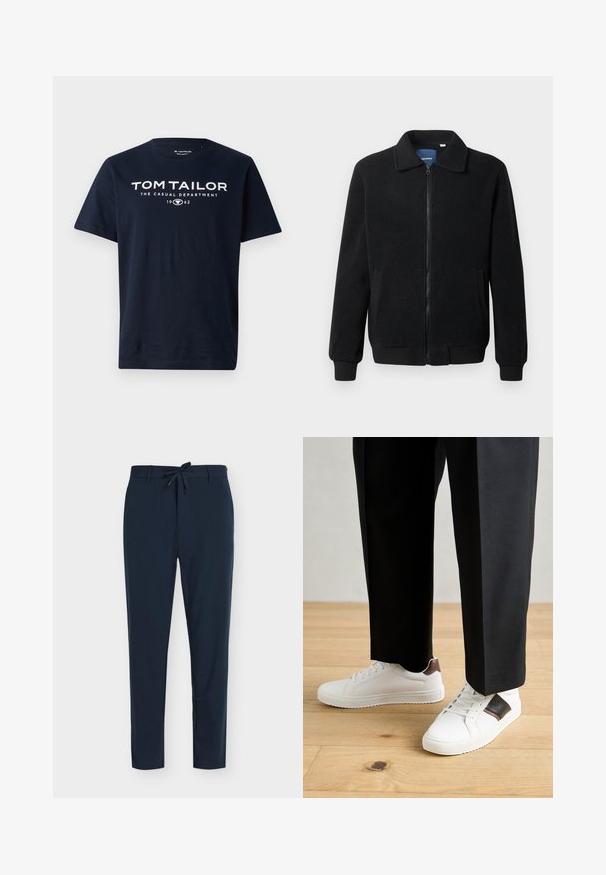 Jachetă din fleece neagră, cu închidere prin fermoar, guler înalt, manșete ribbate și buzunare laterale cu o suprafață texturată.; Tricou din bumbac bleu marin cu text alb îndrăzneț: "TOM TAILOR THE CASUAL DEPARTMENT 1962." Design cu mâneci scurte și guler rotund.; Pantaloni bleumarin din material neted, cu talie ajustabilă prin șnur, având un model vertical cu dungi subțiri și un design cu picioare conice.; Sneakers albe cu textură netedă, având accente din piele maro și detalii negre, asociate cu pantaloni negri pe măsură. Fundal din podea din lemn.