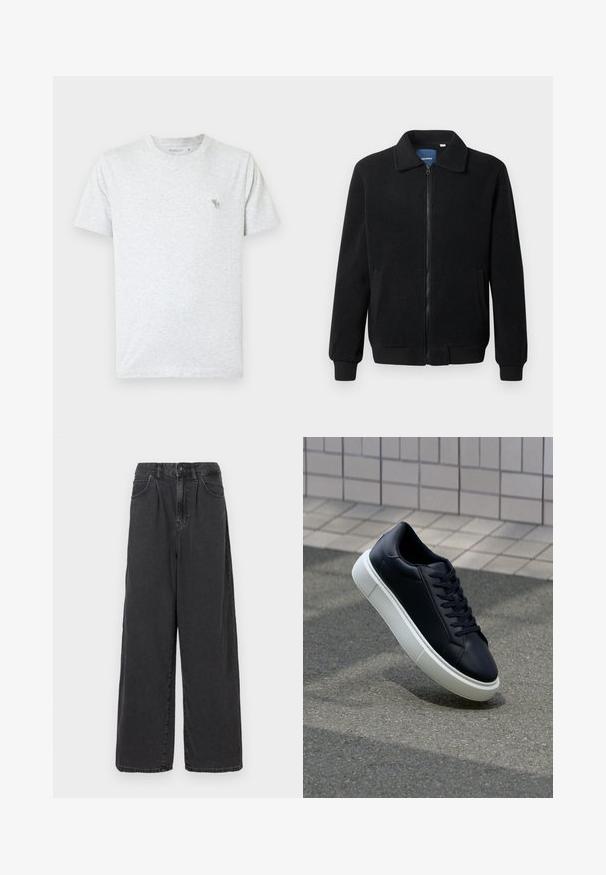 Black fleece jacket featuring a zip closure, stand collar, ribbed cuffs, and side pockets with a textured surface.; Light gray t-shirt made of soft cotton, featuring a crew neck and short sleeves. Small green animal logo on the upper left chest.; Wide-leg, high-waisted black denim pants with a front button and zipper closure, featuring side pockets and a smooth texture.; Black leather sneaker with rounded toe and white rubber sole. Features flat laces and minimal stitching on the upper. Textured sole for grip.