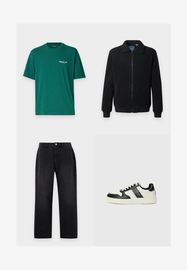 Fekete bolyhos dzseki cipzárral, állógallérral, bordázott mandzsettákkal és oldalzsebekkel, textúrált felülettel.; Abercrombie & Fitch Premium Polished Micro-Logo Tee - Basic póló - rainforest; Fekete farmernadrág egyenes szárú kialakítással. Gombos záródás, övhurkok és két oldalsó zseb jellemzi. Sima textúra, látható minták nélkül.; Fekete és krém színű bőrsneaker, perforált díszítésekkel, párnázott bokapánttal és texturált talppal.