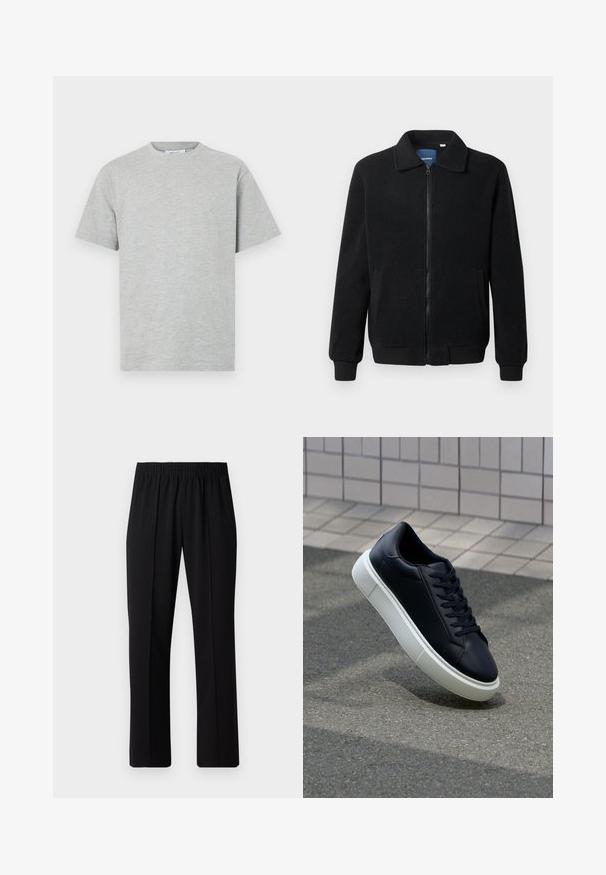 Giacca in pile nera con chiusura zip, colletto alto, polsini a coste e tasche laterali con superficie strutturata.; T-shirt in cotone grigio con collo a giro, maniche corte e vestibilità comoda. Texture liscia senza motivi o dettagli visibili.; Pantaloni neri con vita elasticizzata e design a gamba dritta, caratterizzati da una texture liscia e senza motivi o hardware visibili.; Sneaker in pelle nera con punta arrotondata e suola in gomma bianca. Presenta lacci piatti e cuciture minime sulla parte superiore. Suola testurizzata per una migliore aderenza.