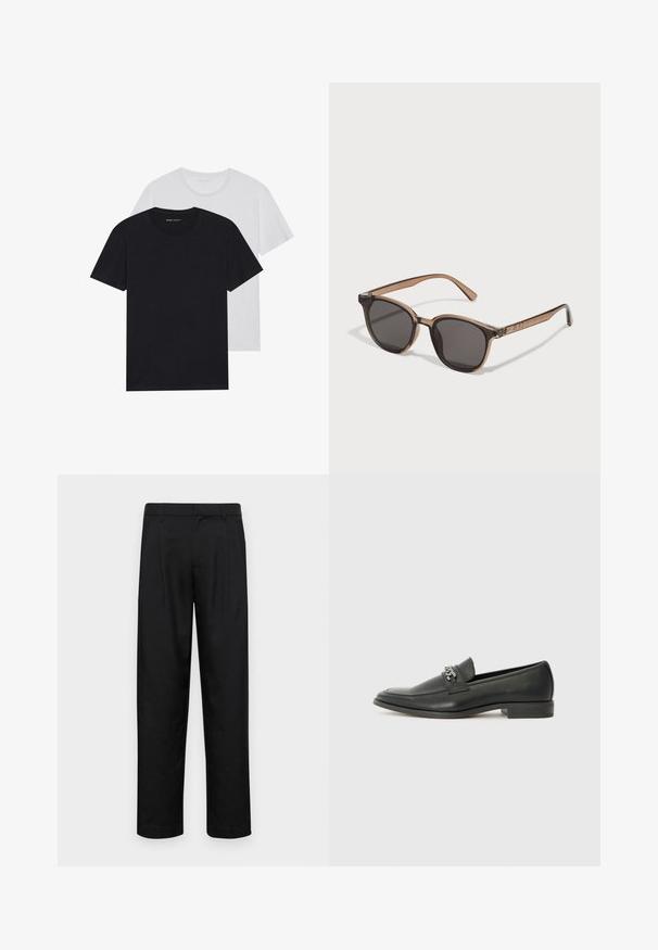Jachetă din fleece neagră, cu închidere prin fermoar, guler înalt, manșete ribbate și buzunare laterale cu o suprafață texturată.; Tricouri negre și albe cu guler rotund, cu mâneci scurte, fabricate din țesătură de bumbac, textură netedă, cu branding pe decolteu.; Pantaloni negri dintr-un material neted, cu un design drept, două pliuri frontale și un tiv standard cu bucle pentru curea.; Pantofii negri din piele cu un finisaj neted, având un design cusut și un accent decorativ de lanț metalic peste partea de sus. Toc plat.; Ochelari de soare din plastic maro cu lentile închise, formă rotundă și brațe conice. Embelisment notabil pe tâmple.