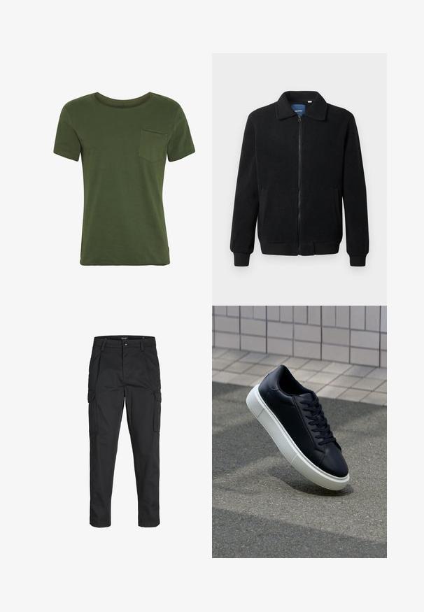 Black fleece jacket featuring a zip closure, stand collar, ribbed cuffs, and side pockets with a textured surface.; Green cotton t-shirt with short sleeves, round neckline, and a chest pocket. Features minimal stitching and a smooth, soft texture.; Black cargo pants made of sturdy fabric, featuring multiple pockets, a button closure, and a slim fit design with tapered legs.; Black leather sneaker with rounded toe and white rubber sole. Features flat laces and minimal stitching on the upper. Textured sole for grip.