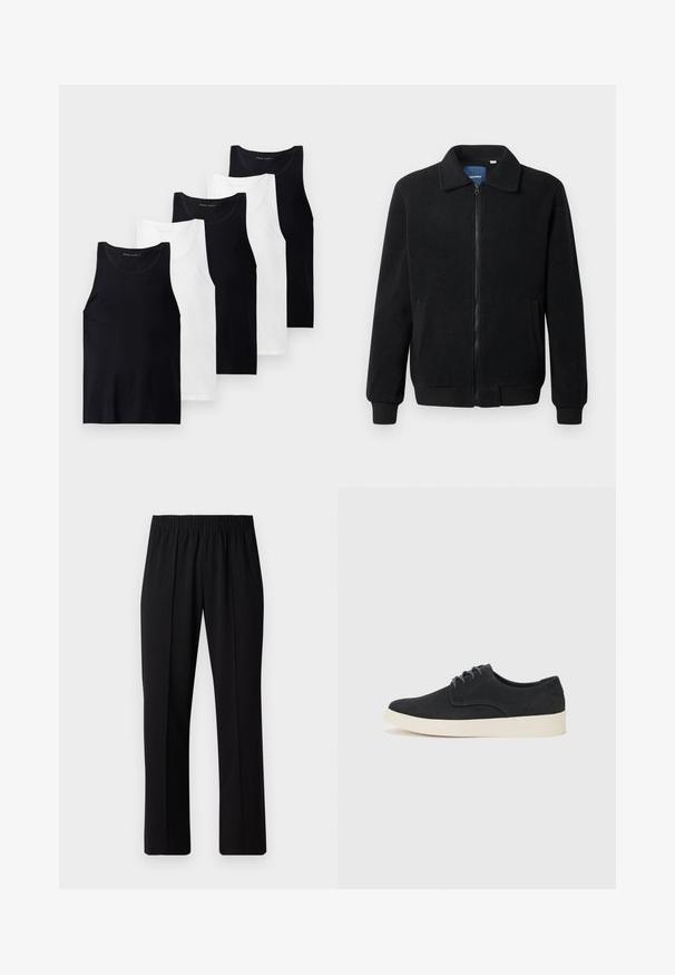 Sort fleecejakke med lynlås, opretstående krave, ribbede manchetter og sidelommer med en tekstureret overflade.; Sæt af fem ærmeløse tanktops i sort og hvidt bomuldsstof. Har rund hals, tætsiddende design og ensfarvet tekstur.; Sorte bukser med elastisk talje og lige ben, der har en glat tekstur og ingen synlige mønstre eller hardware.; Sort ruskind snørebåndssko med rund tå, let cremefarvet sål og diskrete blå sy-accents på overdelen.