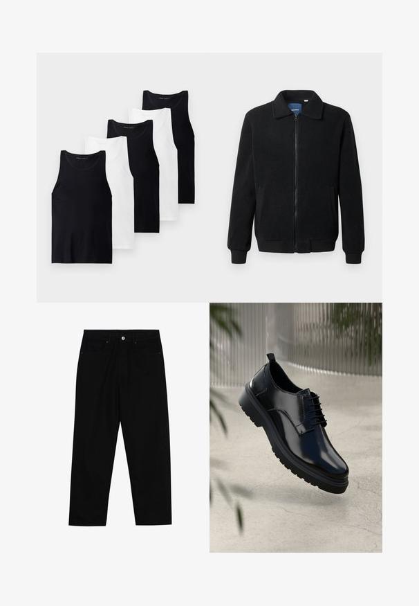 Juodas fliso džemperis su užtrauktuku, stovinčia apykakle, gumuotais rankogaliais ir šoninėmis kišenėmis, turinčiomis tekstūruotą paviršių.; Penki be rankovių marškinėliai juodos ir baltos spalvos medvilnės audinio. Su apvaliais iškirpimais, prigludusia forma ir lygiu paviršiumi.; Juoda džinsinė kelnė su tiesiu kirpimu, penkių kišenių dizainu ir priekiniais mygtukais. Lygus paviršius su minimaliu siuvimo detalėmis.; Juodas odinis batas su blizgiu paviršiumi, apvalia nosimi, laikantis šniurelių dizainu, kontrastingomis siūlėmis ir storu guma padu su raštuotais protektoriais.