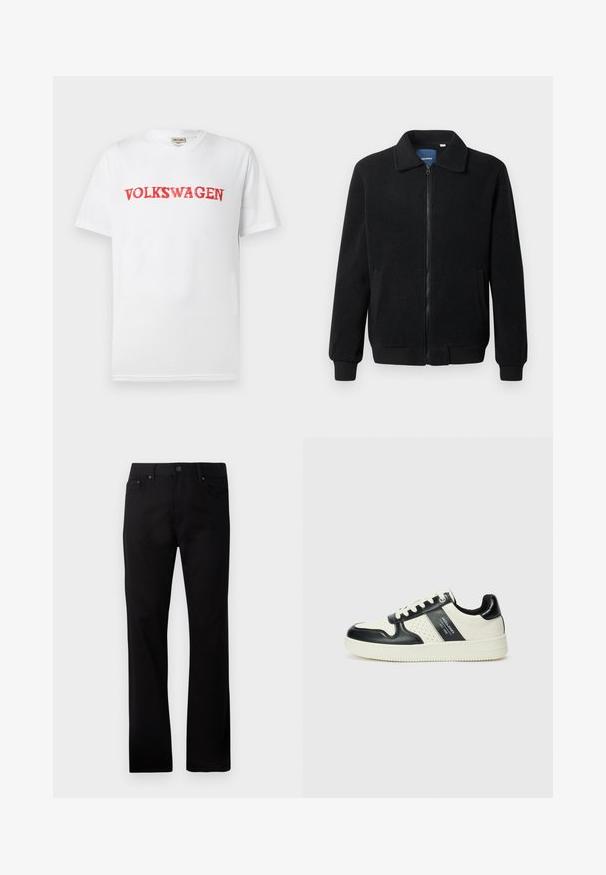 Musternahk fleece-jakk musternahaga, tõmblukk, seisev kaelus, soonikkoes varrukad ja küljetaskud tekstuurse pinnaga.; Valge lühikeste varrukatega T-särk, millel on punane "VOLKSWAGEN" logo, kirjutatud julge, veidi kulunud fondiga rinnaosas. Puuvillane materjal.; Mustad sirgedega teksad mustast denimist, millel on ees nupulukk, kaks külgtaskut ja sile tekstuur.; Nahatud nahkkingad musta ja kreemi värviskeemiga, millel on perforeeritud aktsendid, pehme krae ja tekstureeritud tallad.