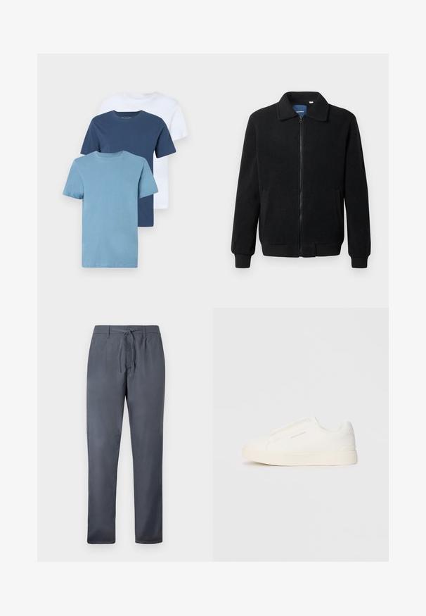 Μαύρο φλις μπουφάν με κλείσιμο με φερμουάρ, όρθιο γιακά, λαστιχένια μανίκια και πλάγιες τσέπες με υφή.; Τρία κοντομάνικα μπλουζάκια: ανοιχτό μπλε, ναυτικό και λευκό. Φτιαγμένα από μαλακό βαμβάκι, με κλασικό λαιμόκοψη και απλό σχέδιο.; Γκρίζα παντελόνια κατασκευασμένα από λεία ύλη, με κλείσιμο τύπου κορδόνι και πλαϊνές τσέπες. Σχεδίαση ίσιας γραμμής με καθαρό φινίρισμα.; Λευκά slip-on παπούτσια με υφή, παχύ πάτο και μινιμαλιστικό σχέδιο. Φέρει το λογότυπο της μάρκας στο πλάι.