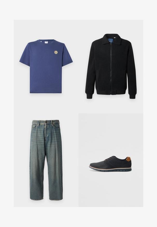 Casaco de polar preto com fecho de correr, gola alta, punhos canelados e bolsos laterais com uma superfície texturizada.; T-shirt de algodão azul-marinho com decote redondo. Apresenta uma pequena ilustração de sol amarelo no lado esquerdo do peito. Mangas curtas e um ajuste descontraído.; Jeans de ganga azul claro com um corte solto, cintura média e pernas retas. Apresenta cinco bolsos, passadores de cinto e fecho com botão.; Sapatos sintéticos pretos com um upper texturizado, pormenores lisos, salto castanho e uma sola contrastante. Apresentam um sistema de atacadores mínimo e detalhes de costura.