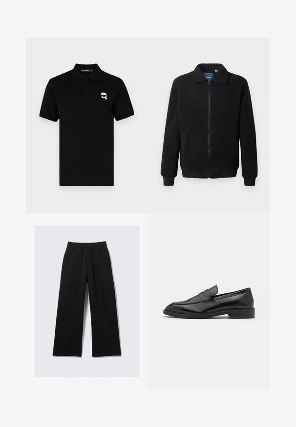 Casaco de polar preto com fecho de correr, gola alta, punhos canelados e bolsos laterais com uma superfície texturizada.; Camisa polo preta em algodão com colarinho, três botões e um pequeno logótipo branco no lado esquerdo do peito. Mangas curtas e corte reto.; Calças pretas de perna larga feitas de tecido macio, com cós elástico e dois bolsos laterais. Textura suave, design neutro sem padrões.; Mocassins de couro preto com um acabamento suave, apresentando uma ponta arredondada e uma faixa estreita na parte superior. Salto baixo empilhado.