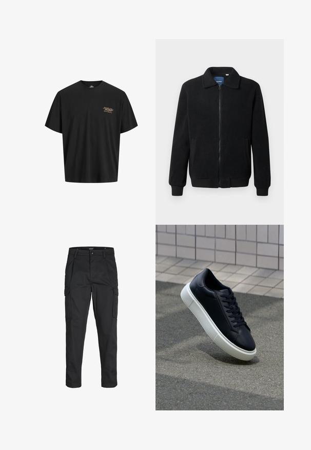 Zwarte fleece jas met een ritssluiting, staande kraag, ribgebreide manchetten en zijzakken met een textuur.; Zwart katoenen T-shirt met een ontspannen pasvorm. Kenmerkt zich door een klein, goudkleurig logo dat op de linkerborst is gedrukt. Korte mouwen en een ronde hals.; Zwarte cargobroek van stevig stof, met meerdere zakken, een knoopsluiting en een slim fit ontwerp met taps toelopende benen.; Zwarte leren sneaker met een ronde neus en een witte rubberen zool. Voorzien van platte veters en minimale stiksels op het bovenwerk. Textuurrijke zool voor grip.