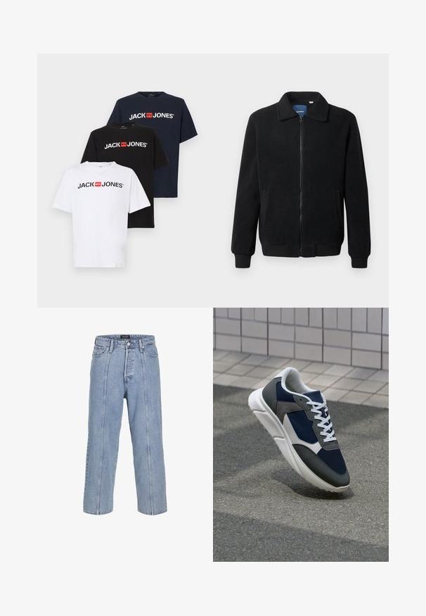 Černá fleecová bunda s zipovým uzávěrem, stojáčkem, vroubkovanými manžetami a bočními kapsami s texturovaným povrchem.; Tři trička s krátkým rukávem v bílé, černé a námořnické barvě s logem "JACK & JONES" v červené barvě na přední straně. Vyrobena z bavlny s hladkým povrchem.; Světle modré džíny z denimu s volným střihem, širokými nohavicemi a viditelnými švy. Obsahují zapínání na knoflík a zip, pět kapes.; Tenisky s horní částí z námornicky modré síťoviny, šedými semišovými akcenty, bílou gumovou podrážkou a plochými bílými tkaničkami, navržené pro pohodlí a prodyšnost.