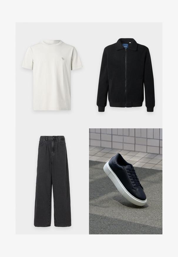 Svart fleece jakke med glidelås, høy krage, ribbestrikkede mansjetter og sidelommer med strukturert overflate.; Kortermet t-skjorte i lys beigekotton, med en liten brodert hjorte-logo på venstre bryst. Rund hals med standard passform.; Bredde ben, høy midje svarte dongeri bukser med knapp og glidelås foran, med sidelommer og en glatt tekstur.; Sorte skinnsneakers med rund tå og hvit gummisåle. Har flate lisser og minimal søm på overdelen. Strukturert såle for grep.