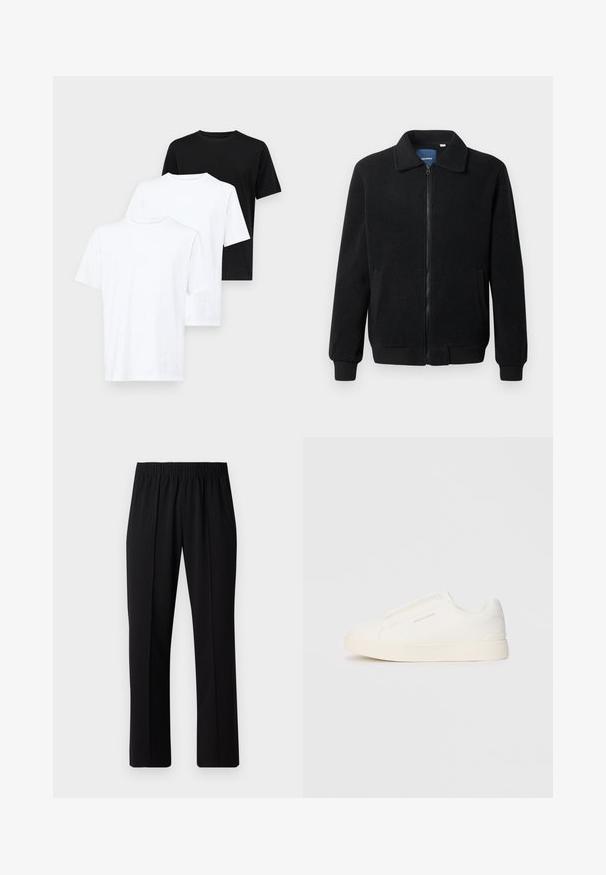 Μαύρο φλις μπουφάν με κλείσιμο με φερμουάρ, όρθιο γιακά, λαστιχένια μανίκια και πλάγιες τσέπες με υφή.; Τρία κοντομάνικα μπλουζάκια: δύο λευκά και ένα μαύρο. Φτιαγμένα από βαμβάκι, με στρογγυλή λαιμόκοψη και απλό, κλασικό σχέδιο.; Μαύρο παντελόνι με ελαστική μέση και ίσια γραμμή, με λεία υφή και χωρίς εμφανή σχέδια ή μεταλλικά στοιχεία.; Λευκά slip-on παπούτσια με υφή, παχύ πάτο και μινιμαλιστικό σχέδιο. Φέρει το λογότυπο της μάρκας στο πλάι.