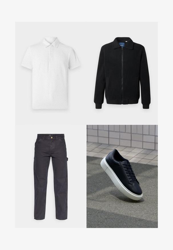 Black fleece jacket featuring a zip closure, stand collar, ribbed cuffs, and side pockets with a textured surface.; White short-sleeve polo shirt featuring a small geometric pattern, three buttons on the collar, and a classic fit. Made from breathable fabric.; Dark gray cargo pants made of durable fabric, featuring a straight-leg cut, five pockets, and a button closure at the waist.; Black leather sneaker with rounded toe and white rubber sole. Features flat laces and minimal stitching on the upper. Textured sole for grip.