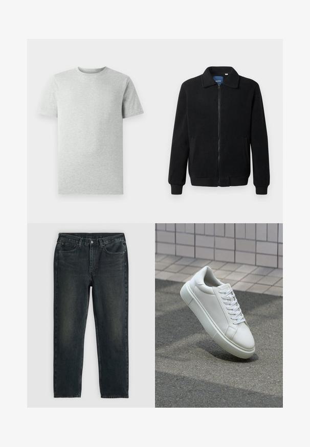 Casaco de polar preto com fecho de correr, gola alta, punhos canelados e bolsos laterais com uma superfície texturizada.; T-shirt de manga curta de cor cinza claro, com decote redondo, exibido sobre um fundo branco, vista frontal, sem logótipos ou designs visíveis.; Jeans de denim azul-escuro com corte reto, apresentando cinco bolsos, fecho de zip e costura em contraste. Desgaste sutil no tecido.; Tênis de couro branco com superfície lisa, bico redondo e cadarços brancos planos. Apresenta uma sola de borracha texturizada e elementos de design minimalistas.