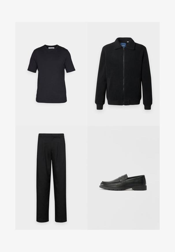 Čierna flísová bunda s uzáverom na zips, stojatým golierom, rebrovanými manžetami a bočnými vreckami s textúrovaným povrchom.; Čierne tričko s krátkym rukávom vyrobené z mäkkého materiálu, s okrúhlym výstrihom a rovnim strihom, bez vzorov alebo viditeľného loga.; Čierne nohavice vyrobené z hladkej tkaniny, s rovnými nohavicami, dvoma prednými skladmi a štandardným pásom s pútkami na opasok.; Čierne kožené mokasíny s hladkým povrchom, vrchnou časťou v štýle mokasín, prešitým detailom a gumovou podrážkou. Klasický dizajn s nízkym podpätkom.