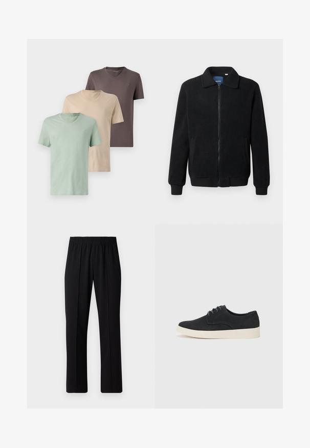 Black fleece jacket featuring a zip closure, stand collar, ribbed cuffs, and side pockets with a textured surface.; Three v-neck t-shirts in muted colors: green, beige, and brown. Short sleeves, soft fabric, and a small logo on the chest of each.; Black, elastic-waist trousers with a straight-leg design, featuring a smooth texture and no visible patterns or hardware.; Black suede lace-up shoe with a rounded toe, lightweight cream sole, and subtle blue stitching accents on the upper.