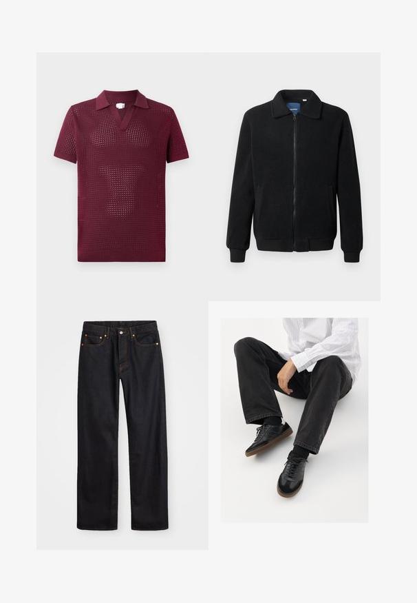 Zwarte fleece jas met een ritssluiting, staande kraag, ribgebreide manchetten en zijzakken met een textuur.; Bordeaux kortgerimpeld polo-shirt met een open geweven structuur, voorzien van een V-hals en een gestructureerde kraag, gemaakt van lichtgewicht breimateriaal.; Heren straight-leg zwarte denim jeans met vijf zakken en oranje stiksels, knoop- en ritssluiting op de voorkant van de tailleband.; Zwarte sneakers met een glad en textuur detail, voorzien van een rubberen zool en donkere veters. Gecombineerd met zwarte jeans en een wit gestreept shirt.