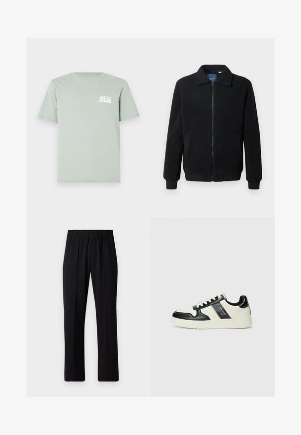 Black fleece jacket featuring a zip closure, stand collar, ribbed cuffs, and side pockets with a textured surface.; Light green cotton t-shirt with a round neckline and short sleeves. Features a white logo "JACK & JONES" printed on the left chest.; Black, elastic-waist trousers with a straight-leg design, featuring a smooth texture and no visible patterns or hardware.; Leather sneakers with a black and cream color scheme, featuring perforated accents, a padded collar, and a textured outsole.