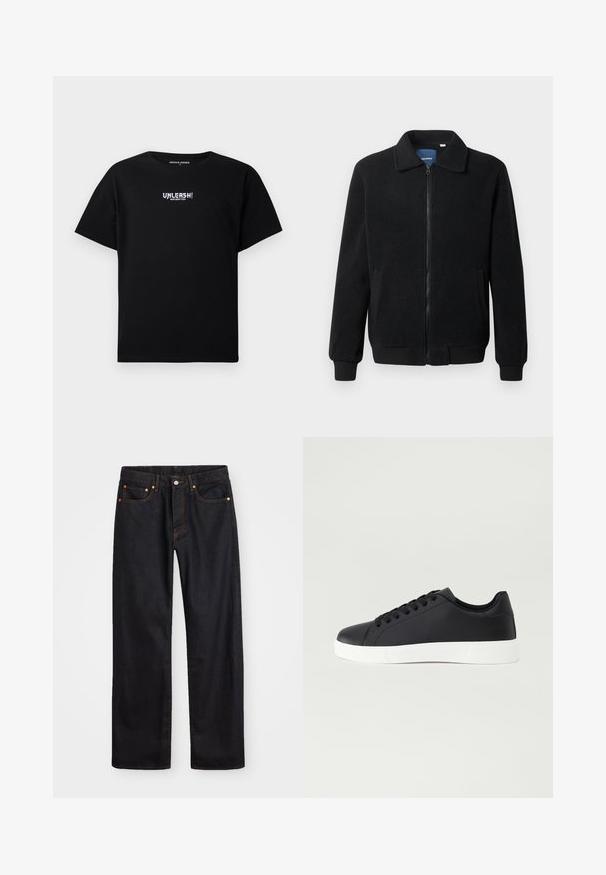 Svart fleece jakke med glidelås, høy krage, ribbestrikkede mansjetter og sidelommer med strukturert overflate.; Svart bomull T-skjorte med korte ermer og rund hals. På forsiden er det trykt en hvit grafikk med teksten "GJØR DET FRIE!" i sentrum.; Men's straight-leg svarte denim jeans med fem lommer og oransje søm, knapp og glidelås lukking foran på midjen.; Pier One Joggesko - black