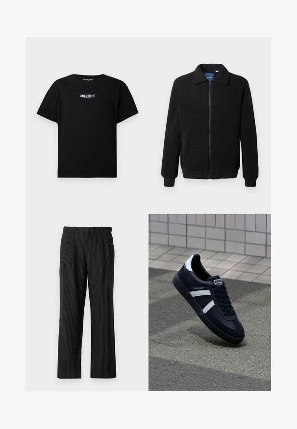 Black fleece jacket featuring a zip closure, stand collar, ribbed cuffs, and side pockets with a textured surface.; Black cotton T-shirt featuring short sleeves and a crew neck. The front has a white graphic text "UNLEASH!" printed centrally.; Jack & Jones JPSTBILL JJDAYTONA WIDE - Trousers - black; Black leather sneaker with white stripes, textured rubber sole, and lace-up front. Features a branded label on the tongue.