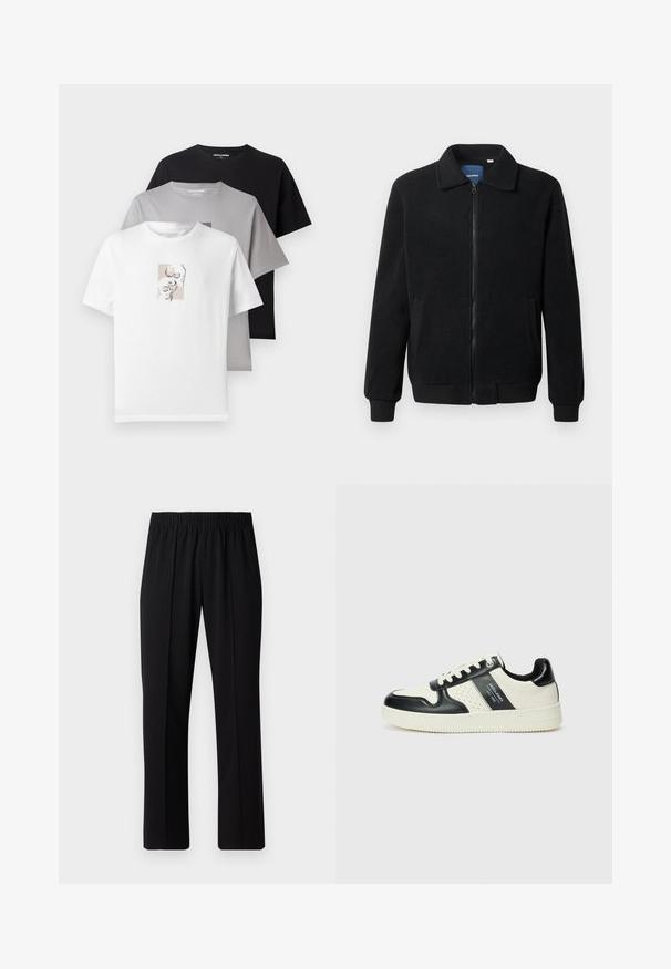 Musternahk fleece-jakk musternahaga, tõmblukk, seisev kaelus, soonikkoes varrukad ja küljetaskud tekstuurse pinnaga.; Kolm t-särki valges, hallis ja mustas värvitoonis. Lühikesed varrukad, ümarad kaelused. Valgel särgil on pehme graafiline kujundus koljulistest motiividest. Puuvillane materjal.; Mustad, elastse puusärgid sirge säärega, mis on sileda tekstuuriga ja ilma nähtavate mustrite või riistadega.; Nahatud nahkkingad musta ja kreemi värviskeemiga, millel on perforeeritud aktsendid, pehme krae ja tekstureeritud tallad.