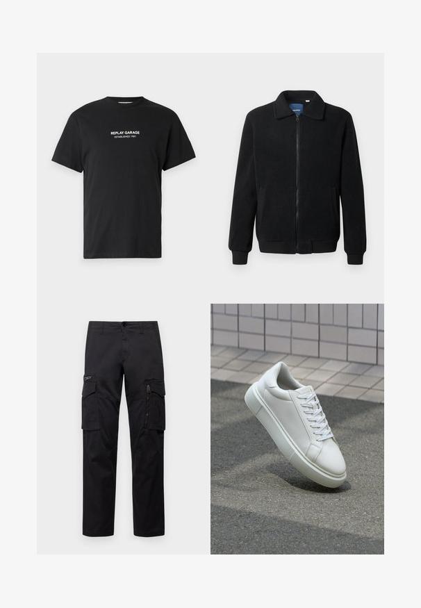 Černá fleecová bunda s zipovým uzávěrem, stojáčkem, vroubkovanými manžetami a bočními kapsami s texturovaným povrchem.; Černé bavlněné tričko s krátkým rukávem, na které je uprostřed na hrudi bíle tištěný text "REPLAY GARAGE ZALOŽENO 1981".; Černé cargo kalhoty s několika kapsami, zipovou kapsou na stehnu, přímým střihem a pevnou bavlněnou tkaninou s lehkým leskem.; Bílé kožené tenisky s hladkým povrchem, kulatou špičkou a plochými bílými tkaničkami. Disponují texturovanou gumovou podrážkou a minimálními designovými prvky.