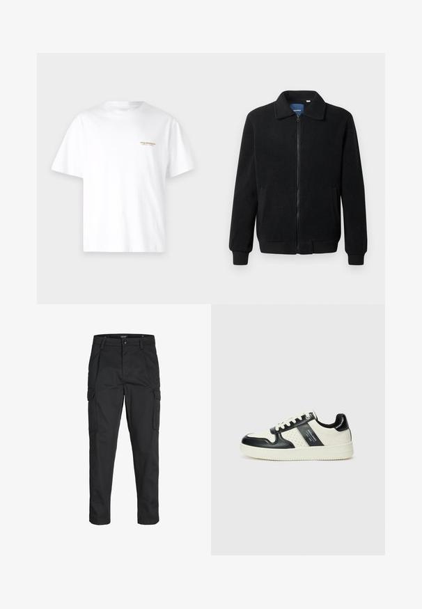 Chaqueta de forro polar negra con cierre de cremallera, cuello alzado, puños acanalados y bolsillos laterales con una superficie texturizada.; Camiseta de algodón blanca con mangas cortas, que presenta un pequeño logo dorado en el pecho. Cuello redondo clásico, textura suave.; Pantalones cargo negros hechos de tela resistente, que cuentan con múltiples bolsillos, un cierre de botón y un diseño de corte slim con piernas ajustadas.; Zapatillas de cuero con un esquema de colores negro y crema, que cuentan con acentos perforados, un collar acolchado y una suela texturizada.