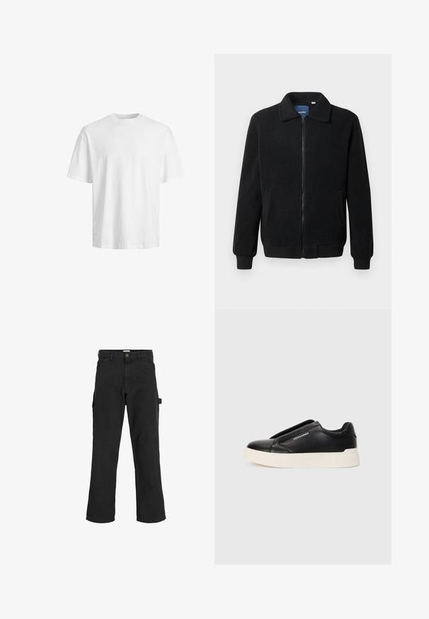 Fekete bolyhos dzseki cipzárral, állógallérral, bordázott mandzsettákkal és oldalzsebekkel, textúrált felülettel.; Fehér pamut póló kerek nyakkivágással és rövid ujjakkal, laza szabással és sima textúrával, látható minták vagy grafikák nélkül.; Fekete cargo nadrág pamut keverékből készült. Széles lábakkal, elöl ferdén zsebekkel és egy oldalsó zsebbel rendelkezik, amelyen egy hurok található kiegészítők számára.; Fekete slip-on sneaker, textúrált bőrfelsővel, fehér gumitalppal és láthatatlan fűzőkkel. Az oldalon a márka logója található.