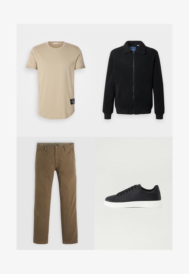 Μαύρο φλις μπουφάν με κλείσιμο με φερμουάρ, όρθιο γιακά, λαστιχένια μανίκια και πλάγιες τσέπες με υφή.; Μπεζ βαμβακερό μπλουζάκι με στρογγυλή λαιμόκοψη, κοντά μανίκια και στρογγυλή βάση. Διαθέτει μαύρη ετικέτα στην αριστερή κάτω πλευρά.; Καφέ βαμβακερό παντελόνι με ίσια γραμμή, διαθέτει κούμπωμα με κουμπί, δύο μπροστινές τσέπες και λεία υφή.; Pier One Αθλητικά παπούτσια - black