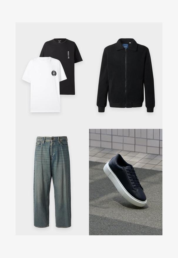 Casaco de polar preto com fecho de correr, gola alta, punhos canelados e bolsos laterais com uma superfície texturizada.; Duas t-shirts de algodão: uma branca com um gráfico circular preto e texto, e uma preta com texto vertical branco. Mangas curtas e decote redondo.; Jeans de ganga azul claro com um corte solto, cintura média e pernas retas. Apresenta cinco bolsos, passadores de cinto e fecho com botão.; Sapatilha de couro preto com bico arredondado e sola de borracha branca. Apresenta atacadores planos e costuras mínimas na parte superior. Sola texturizada para melhor aderência.