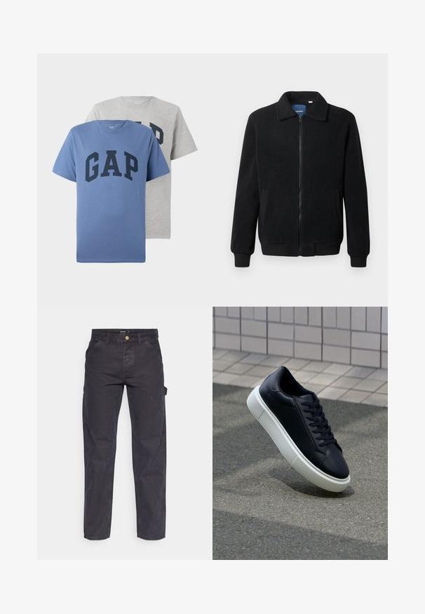 Musta fleece-takki, jossa on vetoketjulla suljettavat, pystykaulus, ribbireunat ja sivutaskut, joissa on teksturoitu pinta.; Kaksi lyhythihaista crew neck -t-paitaa, yksi sininen ja yksi harmaa, molemmat suurella laivastonsinisen "GAP"-tekstillä rinnassa.; Tummanharmaat cargo-housut, jotka on valmistettu kestävästä kankaasta. Niissä on suora lahkeellinen leikkaus, viisi taskua ja nappikiinnitys vyötäröllä.; Mustat nahkakengät, joissa on pyöristetty kärki ja valkoinen kumipohja. Varusteena litteät nauhat ja minimaalinen ommel ylhäällä. Teksturoitu pohja pitävyyden lisäämiseksi.