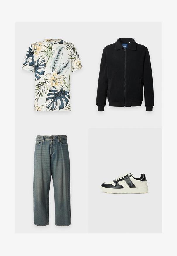 Melnā vilnas jaka ar rāvējslēdzēju, stāvošu apkakli, ribotām piedurknēm un sānu kabatām ar teksturētu virsmu.; Īsām piedurkņu t-krekls no viegla auduma ar tropisku ziedu un lapu rakstu zaļā, zilā un dzeltenā krāsā uz krēmkrāsas fona.; Gaiši zili džinsi ar brīvu piegriezumu, vidējo jostas augstumu un taisnām kājām. Satur piecas kabatas, jostas cilpas un pogu aizdari.; Ādas sporta apavi ar melnbaltu krāsu shēmu, ar perforētiem akcentiem, mīkstinātu apkakli un teksturētu zoli.