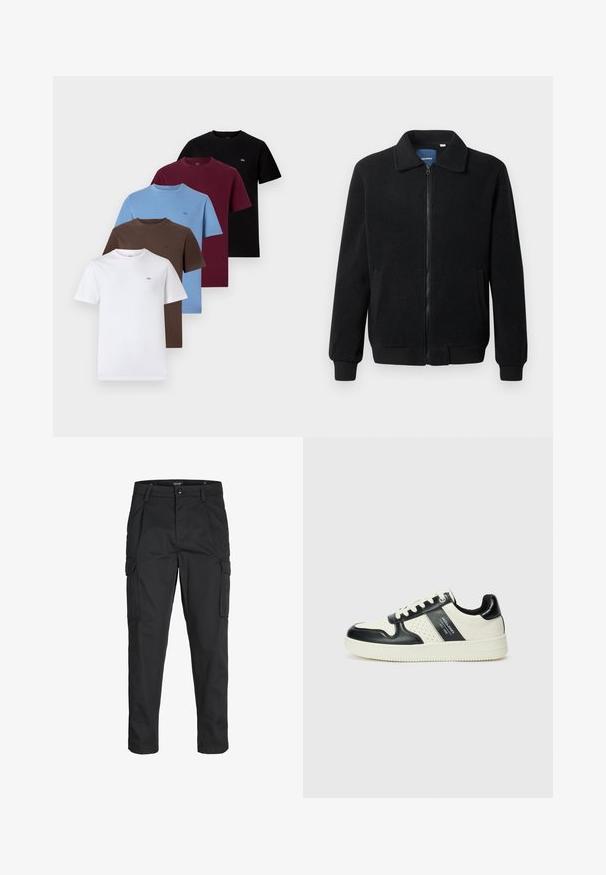 Musternahk fleece-jakk musternahaga, tõmblukk, seisev kaelus, soonikkoes varrukad ja küljetaskud tekstuurse pinnaga.; Viis lühikeste varrukatega T-särki valges, pruunis, sinises, burgundis ja mustas. 100% puuvill, ümmargused kaelused ning igaühel on väikesed logod.; Mustad mustapõlvik, mis on valmistatud tugeva koe kasutades, sisaldab mitmeid taskuid, nupule kinnitatav sulgemine ja kitsenev disain.; Nahatud nahkkingad musta ja kreemi värviskeemiga, millel on perforeeritud aktsendid, pehme krae ja tekstureeritud tallad.
