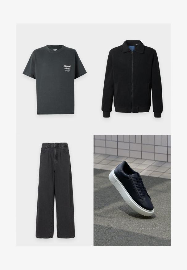 Musta fleece-takki, jossa on vetoketjulla suljettavat, pystykaulus, ribbireunat ja sivutaskut, joissa on teksturoitu pinta.; Tumma harmaa puuvillapaita, jossa on pyöreä kaula-aukko, lyhyet hihat ja valkoinen kirjoituslogo vasemmassa rinnassa. Yksinkertainen, koristelematon muotoilu.; Haalihousut, korkeavyötäröiset mustat farkut, joissa on edessä nappi- ja vetoketjukiinnitys, sivutaskut ja sileä pinta.; Mustat nahkakengät, joissa on pyöristetty kärki ja valkoinen kumipohja. Varusteena litteät nauhat ja minimaalinen ommel ylhäällä. Teksturoitu pohja pitävyyden lisäämiseksi.