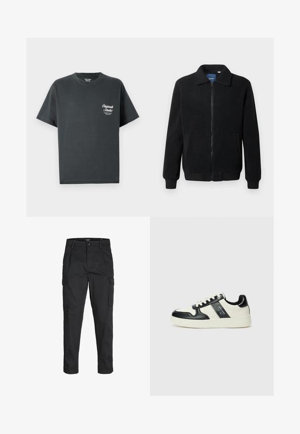 Svart fleece jakke med glidelås, høy krage, ribbestrikkede mansjetter og sidelommer med strukturert overflate.; Mørk grå bomull T-skjorte med rund hals, korte ermer og en hvit skriptlogo på venstre brystområde. Enkel, upyntet design.; Sorte cargo bukser laget av slitesterkt stoff, med flere lommer, knappelukking og en slim fit-design med avsmalnede ben.; Lædersneakers med sort og creme farveskema, der har perforerede detaljer, en polstret krave og en struktureret ydersål.