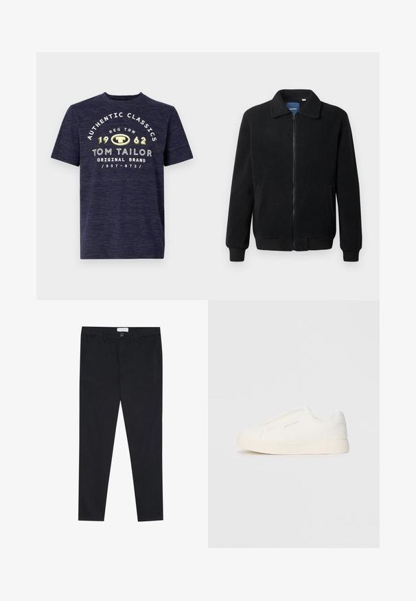 Jachetă din fleece neagră, cu închidere prin fermoar, guler înalt, manșete ribbate și buzunare laterale cu o suprafață texturată.; Tricou scurt cu mânecă, de culoare albastru marin, cu o textură heather, având un text grafic alb și galben pe față, ce include numele brandului și anul înființării.; Pantaloni negri cu un design cu picior drept, realizați dintr-un material din bumbac. Au două buzunare frontale și închidere cu nasture la talie.; Tenisi albi slip-on cu o suprafață texturată, talpă groasă și un design minimalist. Prezintă logo-ul brandului pe lateral.