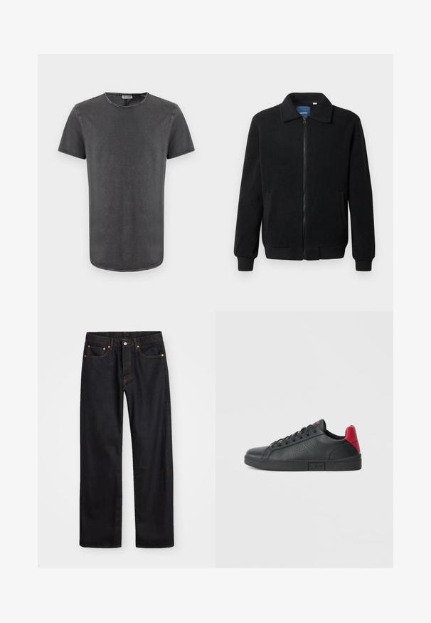 Black fleece jacket featuring a zip closure, stand collar, ribbed cuffs, and side pockets with a textured surface.; Gray short-sleeve t-shirt with a round neck, made of soft fabric, featuring a slightly curved hem and visible stitching details.; Men’s straight-leg black denim jeans with five pockets and orange stitching, button and zip closure on front waistband.; Black synthetic sneaker with red heel accents, perforated side design, rounded toe, flat black sole, and black laces.