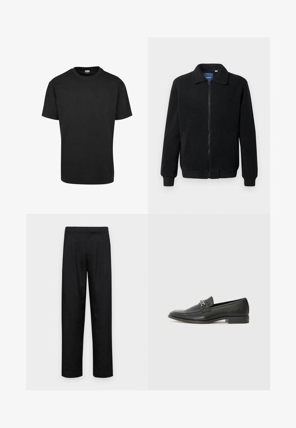 Black fleece jacket featuring a zip closure, stand collar, ribbed cuffs, and side pockets with a textured surface.; Black cotton T-shirt with a crew neckline, short sleeves, and a straight hem. Smooth texture; simple, unadorned design.; Black trousers made of smooth fabric, featuring a straight-leg design, two front pleats, and standard waistband with belt loops.; Black leather loafer with a smooth finish, featuring a stitched design and a decorative metal chain accent across the vamp. Flat heel.
