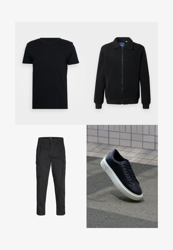 Svart fleece jakke med glidelås, høy krage, ribbestrikkede mansjetter og sidelommer med strukturert overflate.; Svart t-skjorte med korte ermer og rund hals, laget av glatt stoff, med en enkel fasong og uten synlige mønstre eller design.; Sorte cargo bukser laget av slitesterkt stoff, med flere lommer, knappelukking og en slim fit-design med avsmalnede ben.; Sorte skinnsneakers med rund tå og hvit gummisåle. Har flate lisser og minimal søm på overdelen. Strukturert såle for grep.