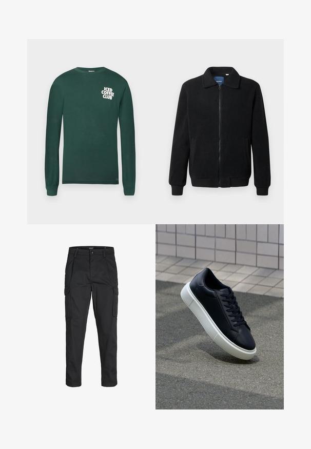 Black fleece jacket featuring a zip closure, stand collar, ribbed cuffs, and side pockets with a textured surface.; Long-sleeve, dark green T-shirt made of cotton featuring a white "ICED COFFEE CLUB" graphic on the left chest.; Black cargo pants made of sturdy fabric, featuring multiple pockets, a button closure, and a slim fit design with tapered legs.; Black leather sneaker with rounded toe and white rubber sole. Features flat laces and minimal stitching on the upper. Textured sole for grip.