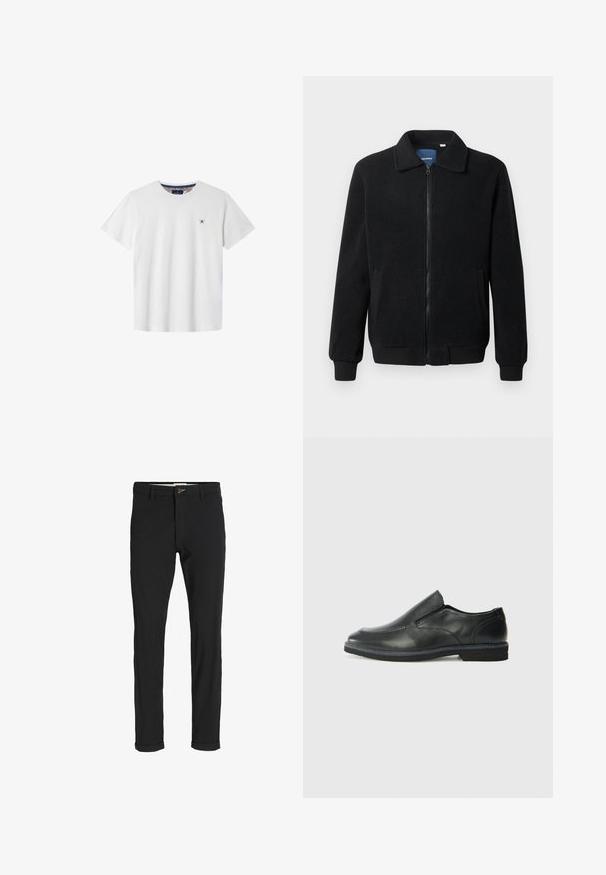 Chaqueta de forro polar negra con cierre de cremallera, cuello alzado, puños acanalados y bolsillos laterales con una superficie texturizada.; Camiseta blanca de algodón con mangas cortas, cuello redondo y un emblema de cruz en color navy en el lado izquierdo del pecho. Presenta un cuello interior con patrón.; Pantalones de mezcla de algodón negros con corte ajustado, que presentan un cierre de botón, bolsillos y puños enrollados para un acabado casual.; Zapato negro de cuero sin cordones con un upper suave, detalles de costura, punta redonda y un bajo tacón de goma. La suela presenta una tracción mínima.