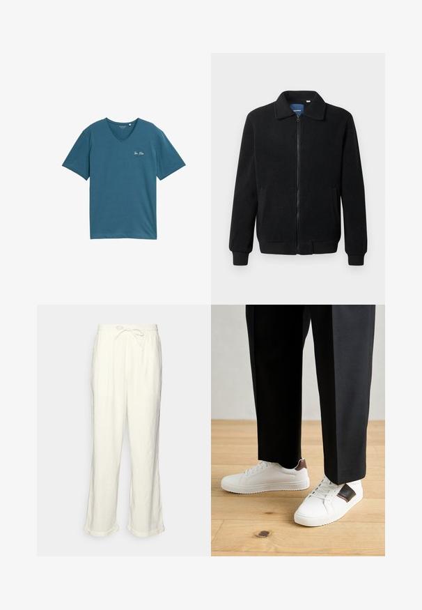 Čierna flísová bunda s uzáverom na zips, stojatým golierom, rebrovanými manžetami a bočnými vreckami s textúrovaným povrchom.; Tyrkysové tričko s výstrihom do V vyrobené z jemnej bavlny, s krátkymi rukávmi a malým bielym logom na ľavej strane hrudi. Jednoduchý, neformálny dizajn.; Linenové nohavice v smotanovej farbe s pásom na šnúrku, mierne širokými nohavicami a zvinutými manžetami pre uvoľnený strih. Bez vreciek.; Biele tenisky s hladkým povrchom, s hnedými koženými akcentmi a čiernymi detailmi, spárované s čiernymi elegantnými nohavicami. Pozadím je drevená podlaha.