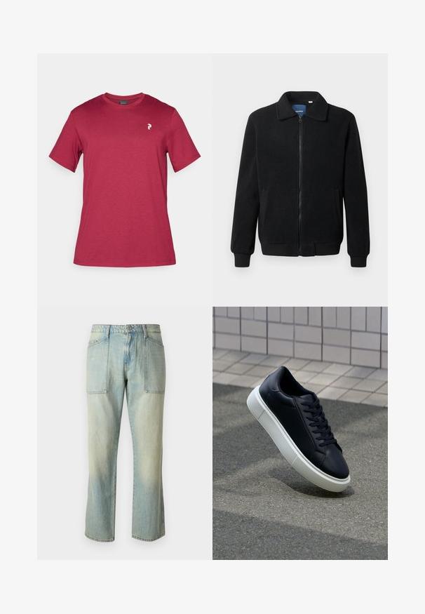 Black fleece jacket featuring a zip closure, stand collar, ribbed cuffs, and side pockets with a textured surface.; Maroon cotton t-shirt with short sleeves, round neck, and a small white logo on the left chest area. Smooth texture and casual design.; Light blue denim jeans with a straight leg cut, visible stitching, and two large front pockets. The fabric has a faded texture.; Black leather sneaker with rounded toe and white rubber sole. Features flat laces and minimal stitching on the upper. Textured sole for grip.