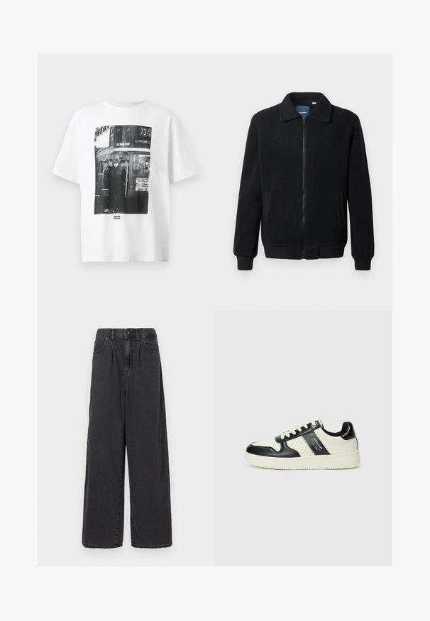 Zwarte fleece jas met een ritssluiting, staande kraag, ribgebreide manchetten en zijzakken met een textuur.; Witte katoen t-shirt met een zwart-wit foto print van vier figuren in een bus, met tekst en grafische elementen gerelateerd aan een theater en busroute.; Brede pijpen, hooggewaste zwarte denim broek met een sluiting met een knoop en rits aan de voorkant, voorzien van zijzakken en een soepele textuur.; Leren sneakers met een zwart en crèmekleurig kleurenschema, voorzien van geperforeerde accenten, een gevoerde kraag en een gestructureerde buitenzool.