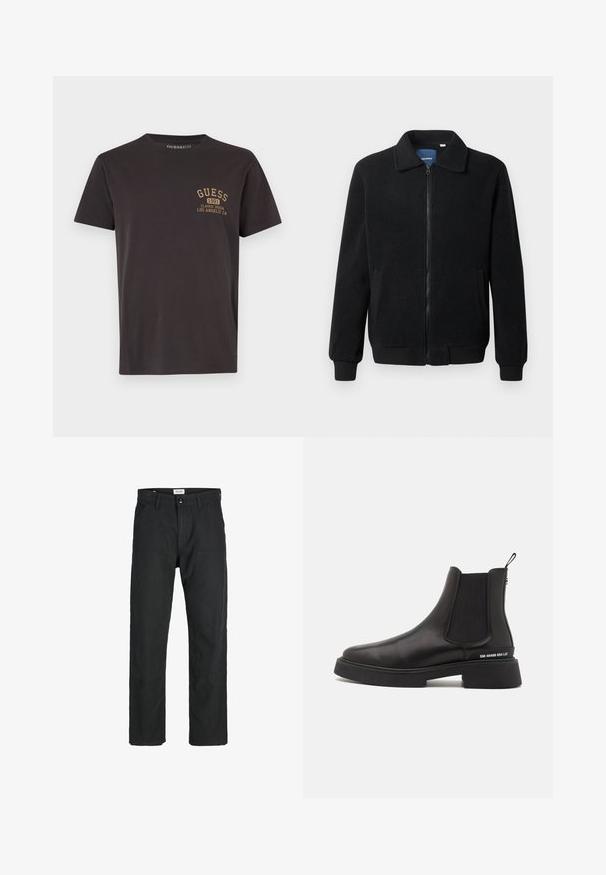 Melnā vilnas jaka ar rāvējslēdzēju, stāvošu apkakli, ribotām piedurknēm un sānu kabatām ar teksturētu virsmu.; Melnā kokvilnas T-kreklā ar īsām piedurknēm, apaļa kakla izgriezuma un neliels zelta druka ar uzrakstiem "GUESS" un "CLASSIC DESIGN" priekšpusē.; Melnas bikses no izturīga auduma, ar taisna griezuma dizainu, izšūtām akcentiem un divām priekšējām kabatām funkcionālitātei.; Steve Madden ZHANE - Klasiski puszābaki - black